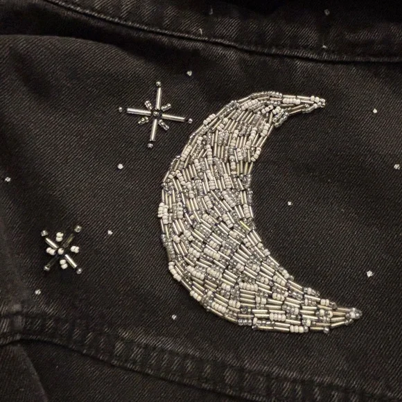 Black Denim Jacket with Silver Moon and Stars - Picture 7 of 8